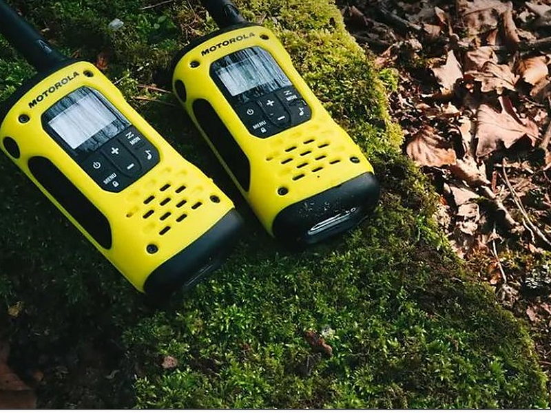 Pair of yellow Motorola consumer handheld radios