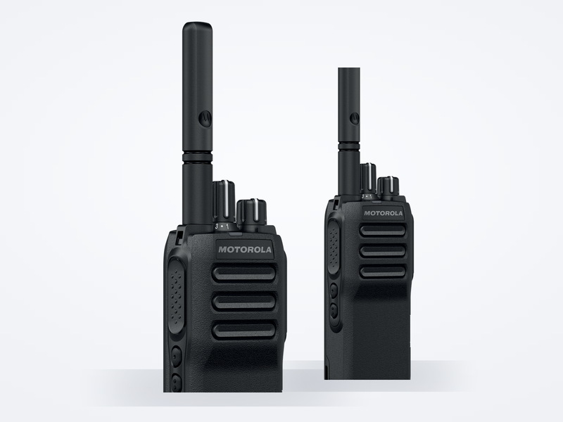 Motorola MOTOTRBO R2 digital handheld radios, front and three-quarter views