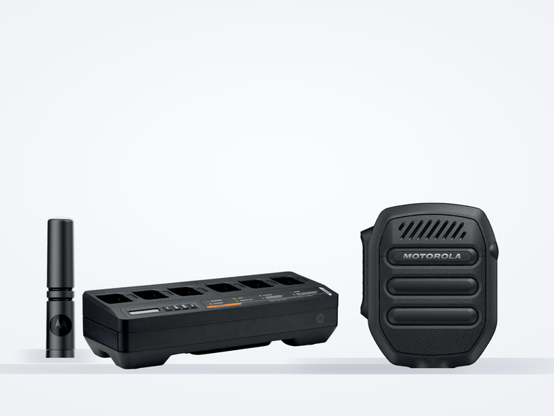 Motorola six-way gang charger, remote speaker microphone and stubby antenna