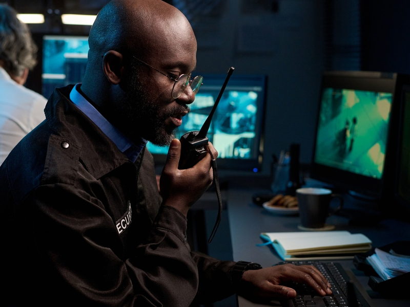 Security control room with live camera feeds on screen
